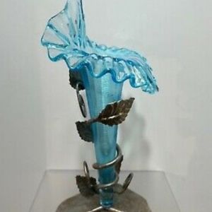 Fenton Single Horn Epergne  Blue Horn Vase on Leaf Vine Metal Base.